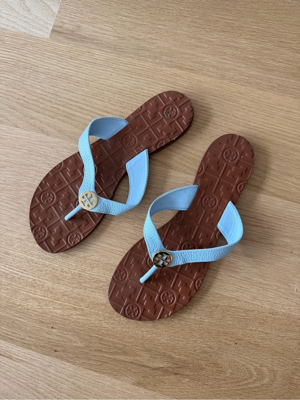 Tory Burch Light Blue Leather Logo Thong Sandals